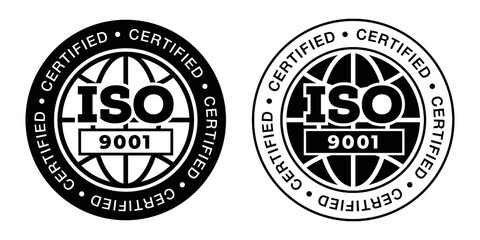 ISO 9001 stamp sign - quality management systems. QMS standard. Flat black pictogram with international quality management system guarantee emblem.