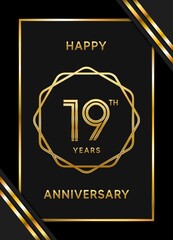 19 Years Anniversary logotype. Anniversary celebration template design with golden ring for booklet, leaflet, magazine, brochure poster, banner, web, invitation or greeting card. Vector illustrations