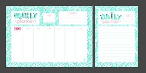 Motivational Planner set with abstract floral background and hand drawn lettering. Vector Weekly and Daily organizer.  Business or education shedule page. Mint green, white and pink colors