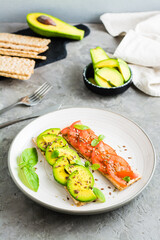 Appetizing bruschetta with avocado and tomatoes on grain bread on a plate. Vertical view