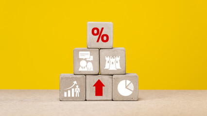 blocks on a yellow background. Business strategy and action plan concept. With copy space