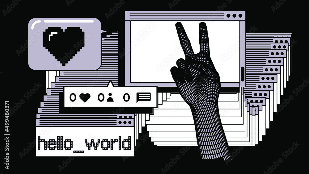 Poster 3d vector illustration of a low-poly hand and collage of user interface elements.