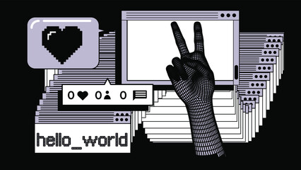 3D vector illustration of a low-poly hand and Collage of user interface elements.