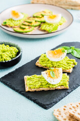 Appetizing sandwiches of crispy bread with avocado and boiled egg on slate. Vertical view