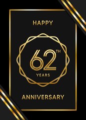 62 Years Anniversary logotype. Anniversary celebration template design with golden ring for booklet, leaflet, magazine, brochure poster, banner, web, invitation or greeting card. Vector illustrations