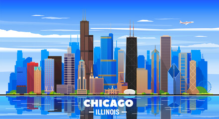 Fototapeta premium Chicago skyline on background. Flat vector illustration. Business travel and tourism concept with modern buildings. Image for banner or web site.