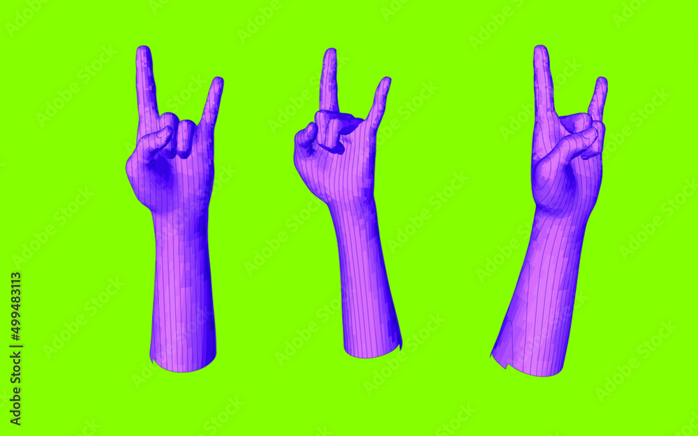 Poster set of 3d low-poly hand models made of polygonal wireframe. futuristic style illustration.