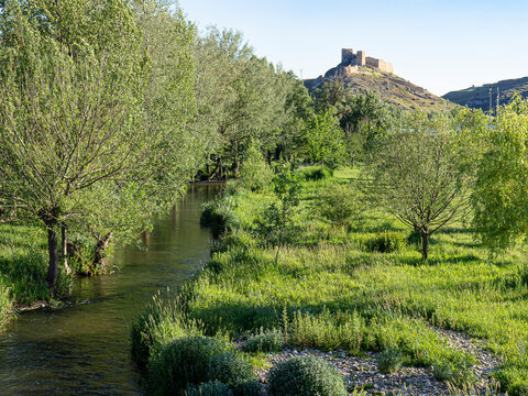 Paisaje verde y refrescante de verano del R&iacute;o Ucero en Burgo de Osma , Soria, verano de 2021