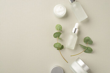 Natural cosmetics concept. Top view photo of transparent dropper bottles with liquid cream jars and eucalyptus on isolated pastel grey background with copyspace