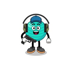 Character mascot of exercise ball doing shooting range