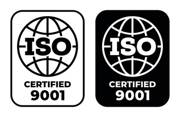 ISO 9001 stamp sign - quality management systems. QMS standard. Flat black pictogram with international quality management system guarantee emblem. - obrazy, fototapety, plakaty