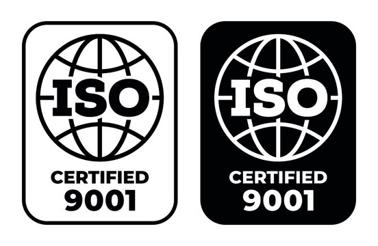 ISO 9001 stamp sign - quality management systems. QMS standard. Flat black pictogram with international quality management system guarantee emblem.