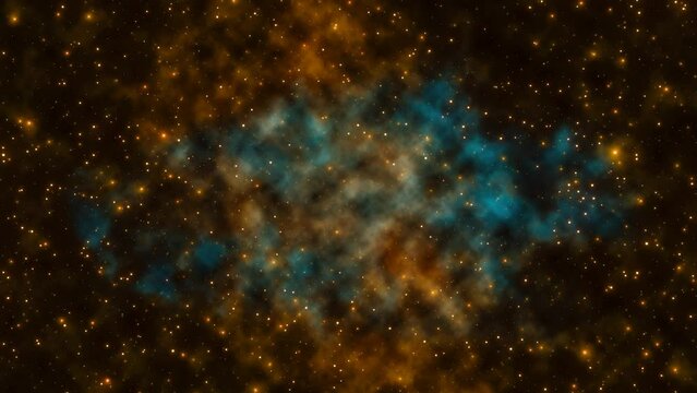 Flight through space among stars to the far away blue orange nebula on starry sky background 3d animation. Nebulosity in the deep cosmos 4K. Slow space travelling ultra hd.
