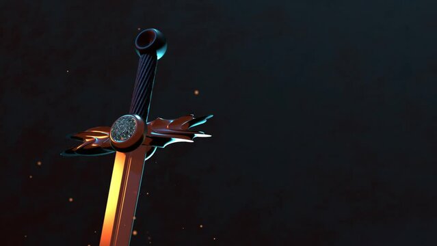 One decorated medieval sword with hilt close up on black background. 3D 4k animation of historical weaponry and flame particles with no people