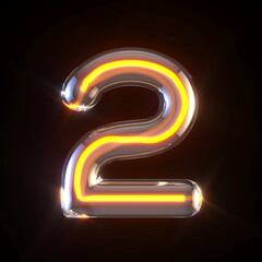 Glowing glass tube font Number 2 TWO 3D