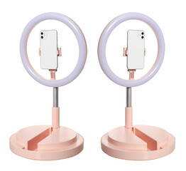 selfie ring lamp with smartphone holder, on stand isolated on white background