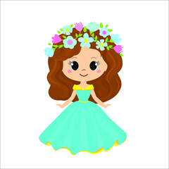 Vector illustration of cute Princess with wreath of flowers on white background.