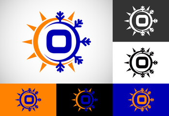 Initial O monogram alphabet with abstract sun and snow. Air conditioner logo sign symbol. Hot and cold symbol.