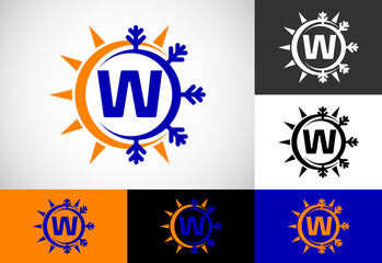 Initial W monogram alphabet with abstract sun and snow. Air conditioner logo sign symbol. Hot and cold symbol.