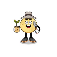 Illustration of potato chip cartoon holding a plant seed