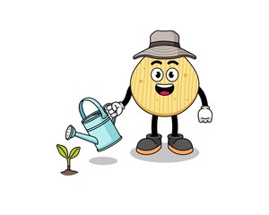 Illustration of potato chip cartoon watering the plant