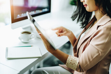 data analysis, plan, marketing, accounting, audit, Portrait of asian business woman planning marketing using tablet and computer to present marketing plan project at meeting.