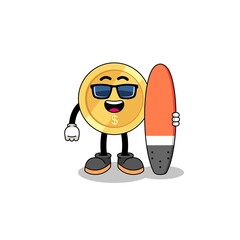 Mascot cartoon of dollar coin as a surfer