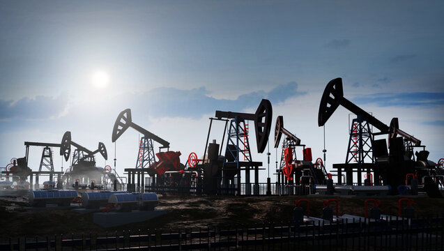 Oil pump, oil industry equipment, drilling derricks silhouette from oil field at sunset. Energy supply crisis, power supply, energy crisis. 3D rendering illustration with dramatic sky