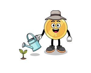 Illustration of dollar coin cartoon watering the plant