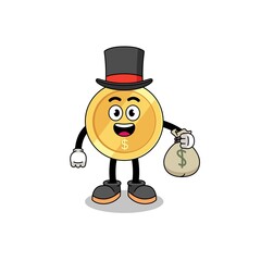 dollar coin mascot illustration rich man holding a money sack