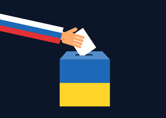Russian hand is voting and electing by throwing ballot paper into ballot box. Fake referendum - Russia is manipulating election, poll in Ukraine. Vector illustration. - obrazy, fototapety, plakaty