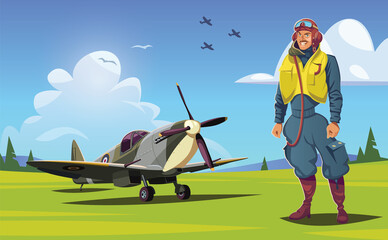 British pilot and Spitfire fighter plane on field World War II © johnnyknez