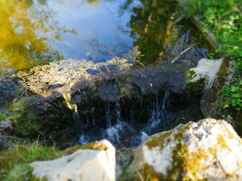 Petit ruisseau avec chute et cascade, sur du rocher, avec mousse végétale, dans un parc parisien, eau limpide, propre et transparent, image reflétée sur l'eau, décor asiatique