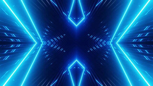 Vj loop neon room. Mirror room with moving neon light. light. Abstract festive bg with bright reflection. Dark room disco lights. Seamless looped bg with neon light. Night club bright neon style bg.
