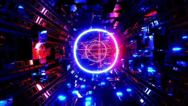 Glow laser lines. Hi-tech neon sci-fi tunel. Trendy neon glow lines form pattern and construction in mirror tunnel. Fly through technology cyberspace. 3d almost looped 4k bright youth background.