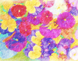 Colored pencil drawing of a pansy arrangement