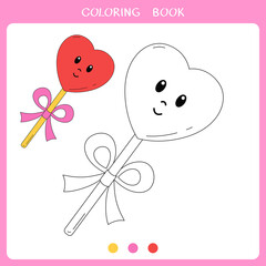 Simple educational game for kids. Vector illustration of cute lollipop in heart shape for coloring book