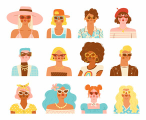 Set of young people wearing sunglasses. Vector illustration of stylish female and male avatars in trendy retro style. Portraits of characters with fashionable accessories.