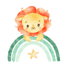 Digital watercolor. Cute cartoon lion. Small tropical animals.