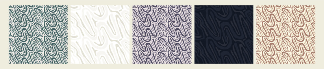 Set of abstract seamless patterns with hand drawn stripes. Vector illustration, flat color design.
