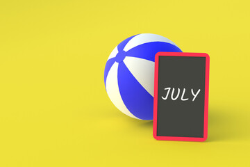 Inscription july on chalkboard near beach ball. Summer vacation. Travel concept. Tourist tour. 3d render