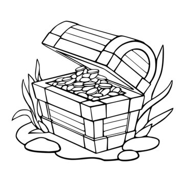 Coloring page with outline drawing of chest with coins. Vector isolated illustration sketch of sea pirate treasure. 