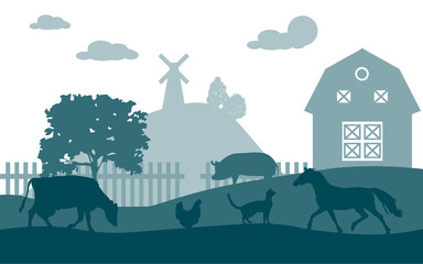 Farm animals. Livestock on the background of the village, rural settlement. Vector illustration of farm animals silhouette in the dark. Landscape evening village ranch with livestock. EPS