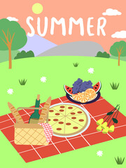 Cartoon Summer Picnic in Park Basket Card Background Text Summer . Flat Design Style. Vector illustration EPS