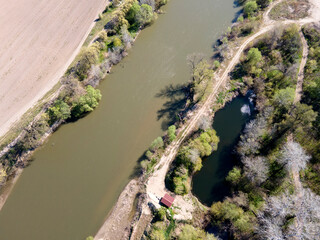 Aerial view of Chepelarska River, pouring into the Maritsa River, Bulgaria