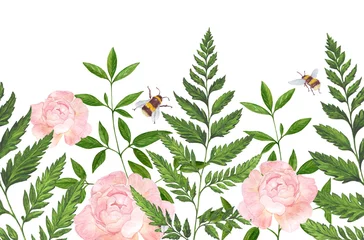 Fotobehang Tropische Bladeren summer garden pattern for textile border, wrapping paper, invitations, watercolor illustration with green leaves, vintage rose flowers and bees  © Stasy
