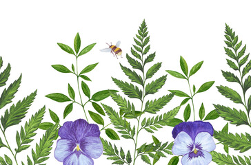summer garden pattern for textile border, wrapping paper, invitations, watercolor illustration with green leaves, pansy flowers and bees
