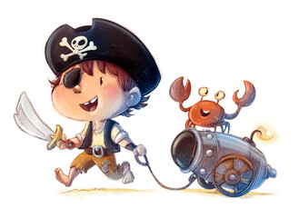 illustration of pirate boy with cannon - obrazy, fototapety, plakaty