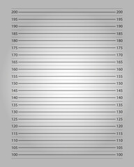 Police mugshot background with centimeters height chart and lighting effect. Photo frame of wanted, arrested or suspect person identity. Photoshoot prop in prison style. Vector realistic illustration