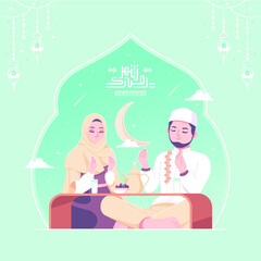 happy iftar family concept illustration background arabic callygraphy means ramadan
